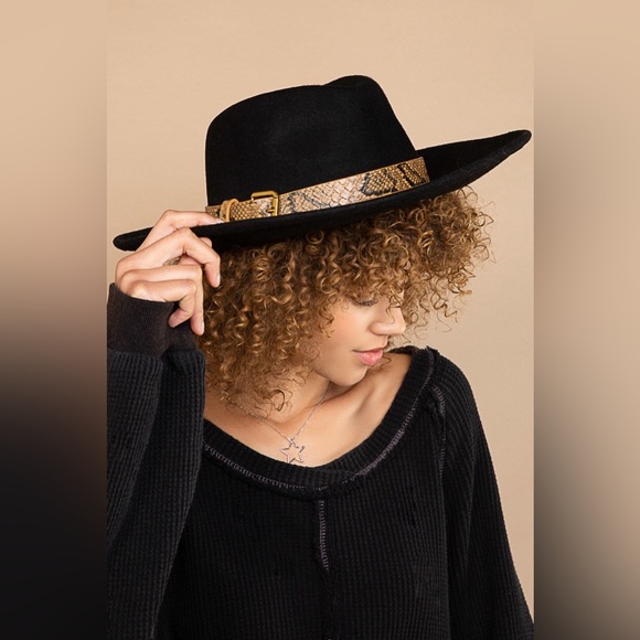 POL Accessories - Wide Brim Snake Print Belt Wool Fedora Hat - POL